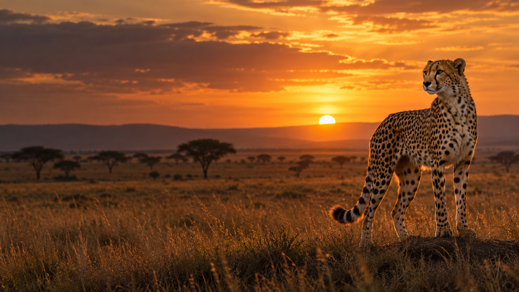 AI-generated cheetah standing in the golden savannah at sunset
